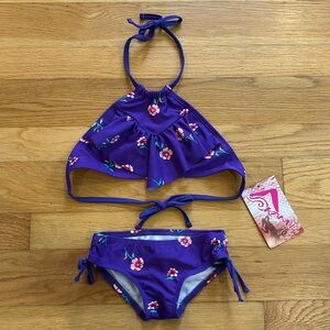 SOLD!!! NO FLAWS NWT Kanu Surf Floral Halter Diamond Ruffle Tie Swimsuit Set Top
